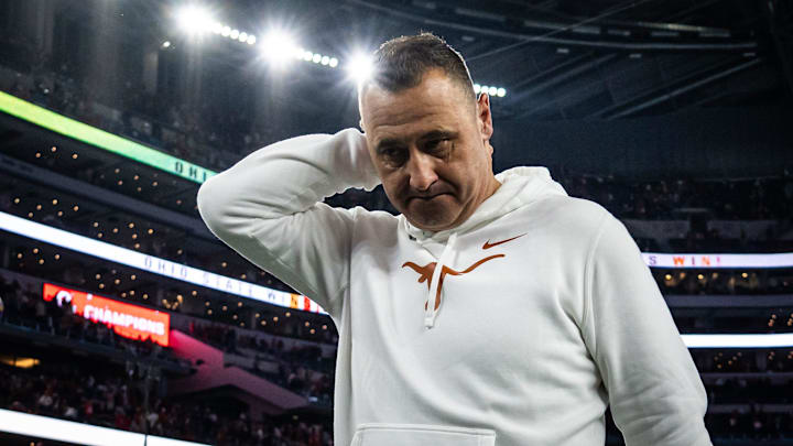 Texas Longhorns head coach Steve Sarkisian reacts as he heads to the locker room after the Longhorns' 28-14 loss to the Ohio State Buckeyes in the Cotton Bowl College Football Playoff semi-final at AT&T Stadium in Dallas, Texas, Jan. 10, 2025.