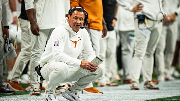 Texas Longhorns head coach Steve Sarkisian looks downfield while coaching in the second quarter as the Texas Longhorns play the Arizona State Sun Devils in the Peach Bowl College Football Playoff quarterfinal at Mercedes-Benz Stadium in Atlanta, Georgia, Jan. 1, 2025.