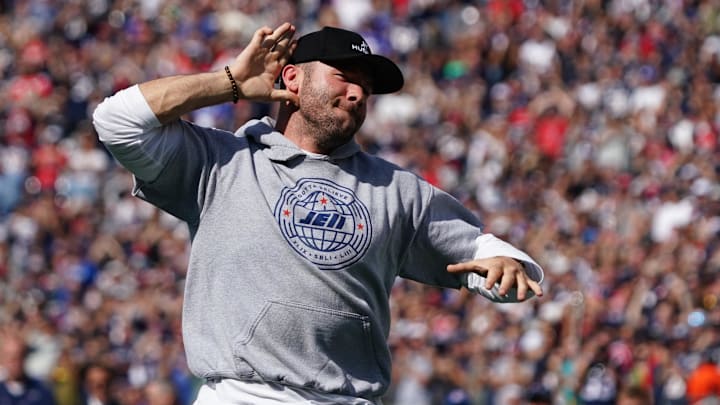 Sep 26, 2021; Foxborough, Massachusetts, USA; Former New England Patriots Julian Edelman is honored during halftime against the New Orleans Saints at Gillette Stadium.