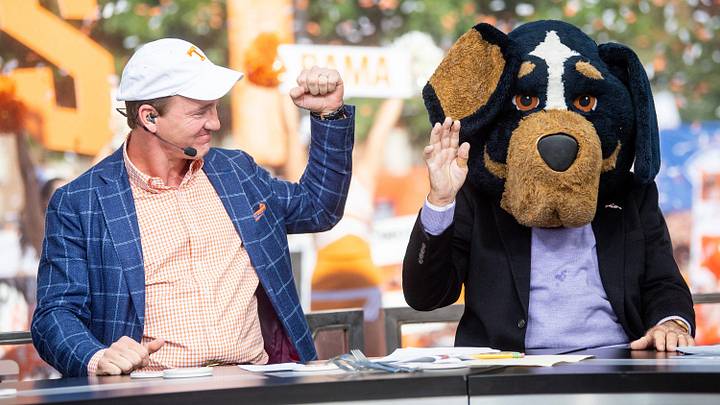 Peyton Manning fist pumps after Lee Corso chooses Tennessee to defeat Alabama during ESPN's College GameDay show held outside of Ayres Hall on the University of Tennessee campus in Knoxville, Tenn. on Saturday, Oct. 15, 2022. The college football pregame show returned to Knoxville for the second time this season for No. 8 Tennessee's SEC rivalry game against No. 1 Alabama. Peyton Manning fist pumps after Lee Corso chooses Tennessee to defeat Alabama during ESPN's College GameDay show held outside of Ayres Hall on the University of Tennessee campus in Knoxville, Tenn. on Saturday, Oct. 15, 2022. The college football pregame show returned to Knoxville for the second time this season for No. 8 Tennessee's SEC rivalry game against No. 1 Alabama.