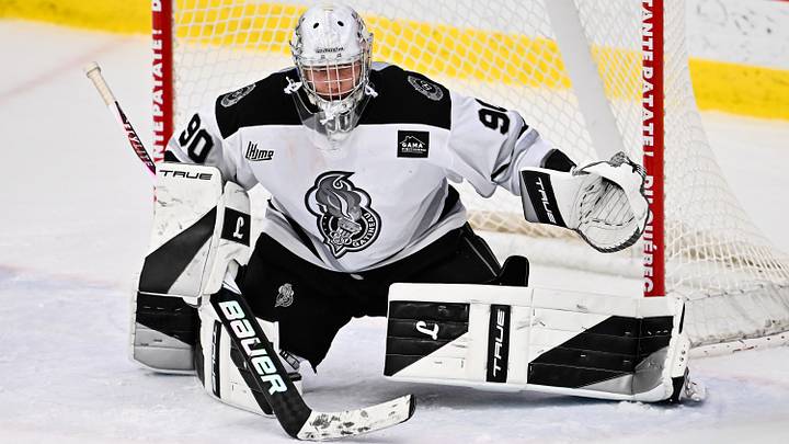 BOISBRIAND, CANADA - NOVEMBER 29: Danai Shaiikov #90 of the Gatineau Olympiques tends net during the third period against the Blainville-Boisbriand Armada at Centre d'Excellence Sports Rousseau on November 29, 2025 in Boisbriand, Canada. The Blainville-Boisbriand Armada defeated the Gatineau Olympiques 6-3. (Photo by Minas Panagiotakis/Getty Images)