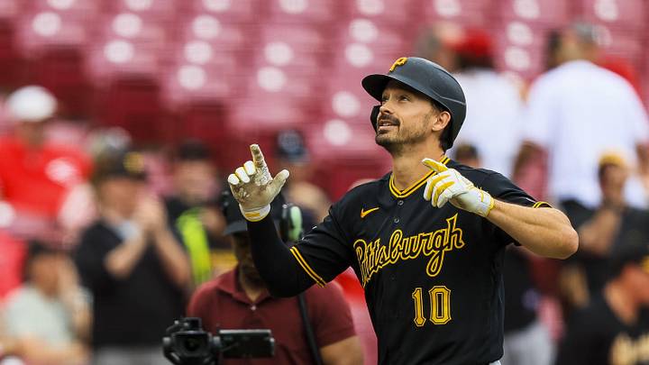 Apr 1, 2026; Cincinnati, Ohio, USA; Pittsburgh Pirates outfielder Bryan Reynolds (10) reacts after hitting a two-run home run in the ninth inning against the Cincinnati Reds at Great American Ball Park. Mandatory Credit: Katie Stratman-Imagn Images