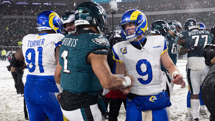 Jan 19, 2025; Philadelphia, Pennsylvania, USA; Philadelphia Eagles quarterback Jalen Hurts (1) and Los Angeles Rams quarterback Matthew Stafford (9) shake hands after a 2025 NFC divisional round game at Lincoln Financial Field. Mandatory Credit: Bill Streicher-Imagn Images