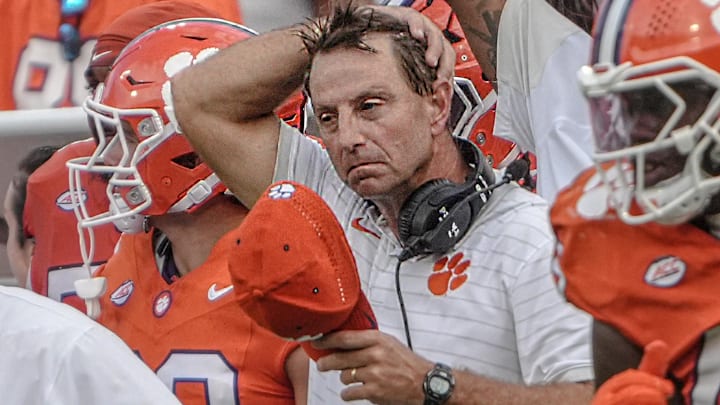 Sep 20, 2025; Clemson, South Carolina, USA; Clemson Tigers head coach Dabo Swinney late in the game against the Syracuse Orange at Memorial Stadium. Mandatory Credit: Ken Ruinard/GREENVILLE NEWS-USA TODAY Network via Imagn Images