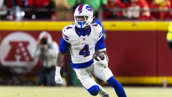 Jan 26, 2025; Kansas City, MO, USA; Buffalo Bills running back James Cook (4) against the Kansas City Chiefs during the AFC Championship game at GEHA Field at Arrowhead Stadium. Mandatory Credit: Mark J. Rebilas-Imagn Images