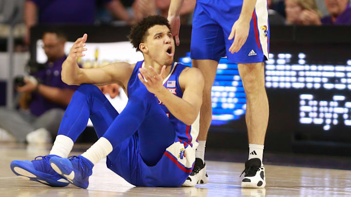 Kansas senior guard Kevin McCullar Jr. (15) reacts to a call in the first half of the Sunflower Showdown against Kansas State