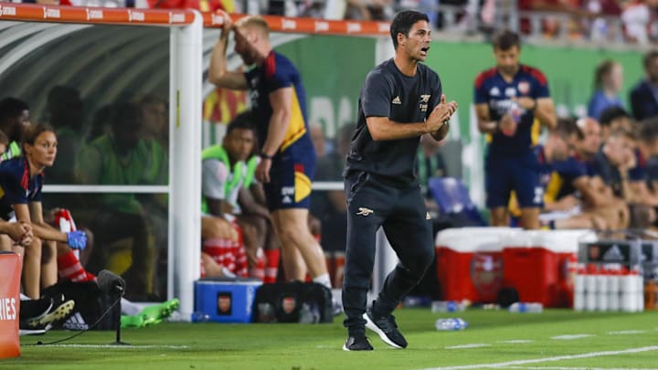 Jul 23, 2022; Orlando, FL, USA; Arsenal head coach Mikel Arteta reacts on the sideline during the first half against Chelsea at Camping World Stadium. Mandatory Credit: Sam Navarro-Imagn Images