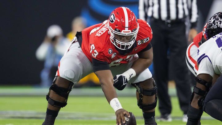 Jan 9, 2023; Inglewood, CA, USA; Georgia Bulldogs offensive lineman Sedrick Van Pran (63) against the TCU Horned Frogs during the CFP national championship game at SoFi Stadium. Mandatory Credit: Mark J. Rebilas-USA TODAY Sports