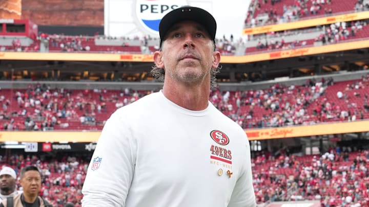 Sep 28, 2025; Santa Clara, California, USA; San Francisco 49ers head coach Kyle Shanahan after the game against the Jacksonville Jaguars at Levi's Stadium. Mandatory Credit: Darren Yamashita-Imagn Images