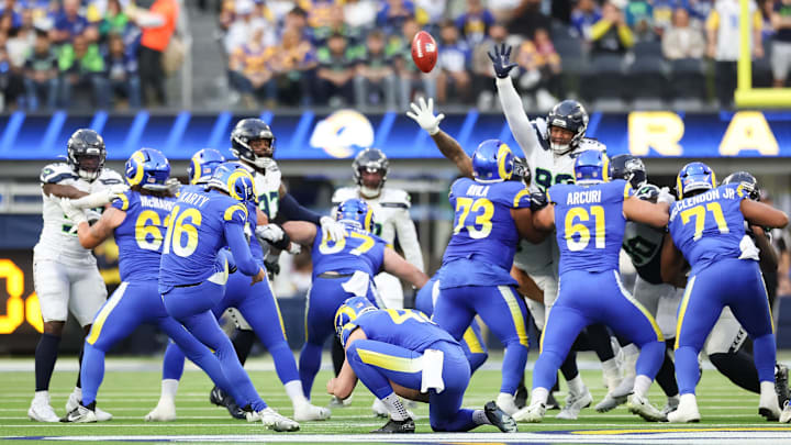 Jan 5, 2025; Inglewood, California, USA; Los Angeles Rams Kicker Joshua Karty (16) kicks his one of four field goals at SoFi Stadium for the Seattle Seahawks at Los Angeles Rams Week 18 matchup. Mandatory Credit: William Navarro-Imagn Images Jan 5, 2025; Inglewood, California, USA; Los Angeles Rams Kicker Joshua Karty (16) kicks his one of four field goals at SoFi Stadium for the Seattle Seahawks at Los Angeles Rams Week 18 matchup. Mandatory Credit: William Navarro-Imagn Images