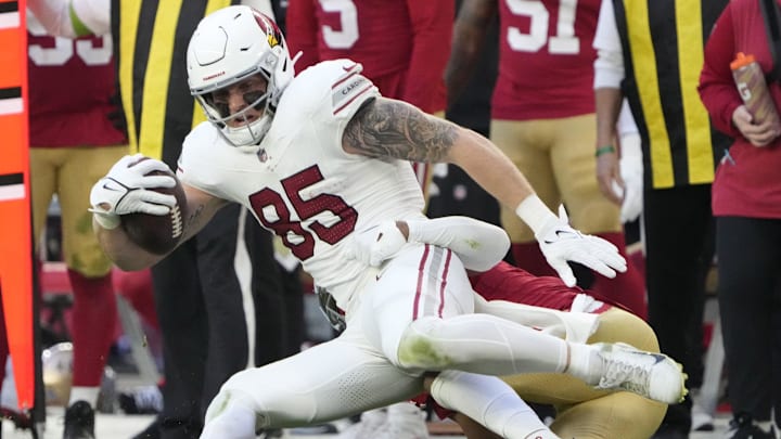 Dec 17, 2023; Glendale, Ariz, United States; Arizona Cardinals tight end Trey McBride (85) is