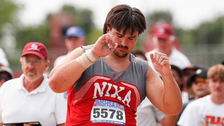 Nixa junior Jackson Cantwell reacts to a foul as he competed in the shot put competition on Saturday's MSHSAA state championships at Jefferson City High School.