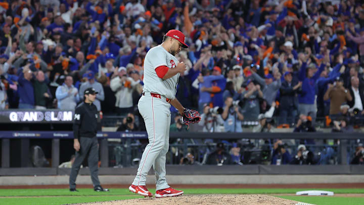 Oct 9, 2024; New York, New York, USA; Philadelphia Phillies pitcher Carlos Estevez (53) reacts after giving up a grand slam to New York Mets shortstop Francisco Lindor (not pictured) in the sixth inning in game four of the NLDS for the 2024 MLB Playoffs at Citi Field. Oct 9, 2024; New York, New York, USA; Philadelphia Phillies pitcher Carlos Estevez (53) reacts after giving up a grand slam to New York Mets shortstop Francisco Lindor (not pictured) in the sixth inning in game four of the NLDS for the 2024 MLB Playoffs at Citi Field.