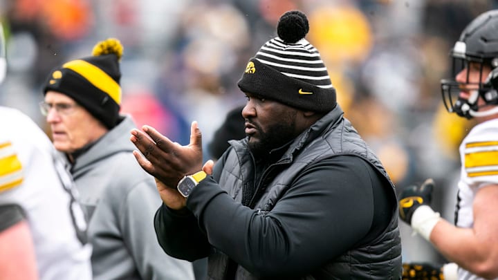 Iowa defensive line coach Kelvin Bell reacts during the Hawkeyes' final spring NCAA football practice, Saturday, April 22, 2023, at Kinnick Stadium in Iowa City, Iowa.

230422 Iowa Spring Fb 101 Jpg