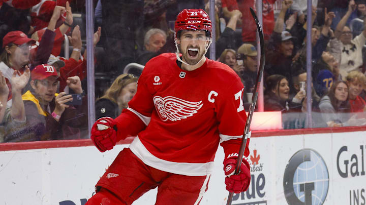 Nov 2, 2024; Detroit, Michigan, USA; Detroit Red Wings center Dylan Larkin (71) celebrates a goal in the second period of the game against the Buffalo Sabres at Little Caesars Arena. Mandatory Credit: Brian Bradshaw Sevald-Imagn Images