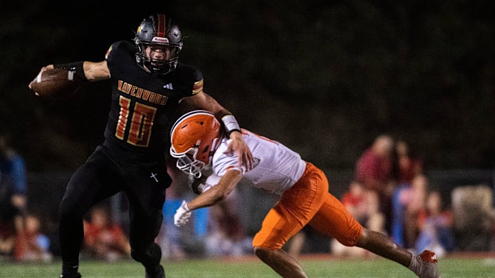 Ravenwood’s Maverick Chance runs the ball during the game against Blackman at Ravenwood High School in Brentwood, Tenn., Friday, Sept. 6, 2024.