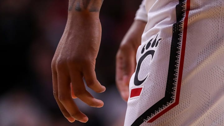 Nov 7, 2022; Cincinnati, Ohio, USA; The Cincinnati Bearcats logo on the shorts of guard Jeremiah Davenport (24) during the second half in the game against the Chaminade Silverswords at Fifth Third Arena. Mandatory Credit: Katie Stratman-Imagn Images