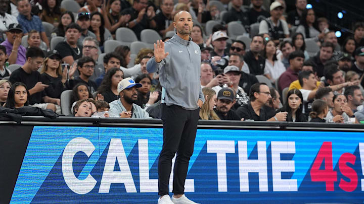 Oct 26, 2025; San Antonio, Texas, USA; Brooklyn Nets head coach Jordi Fernandez motions in the first half against the San Antonio Spurs at Frost Bank Center. Mandatory Credit: Daniel Dunn-Imagn Images