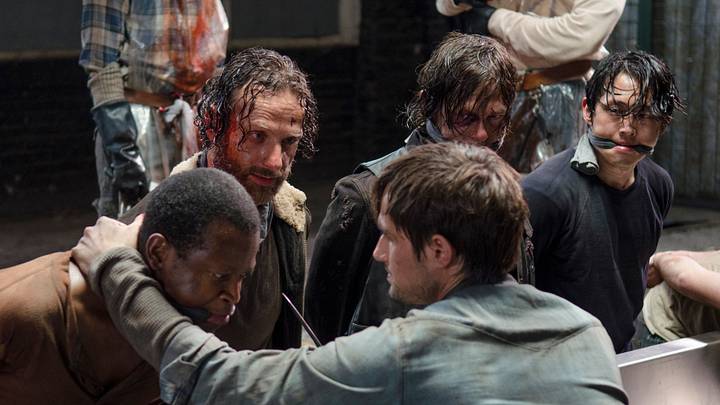 Lawrence Gilliard Jr. as Bob Stookey, Andrew Lincoln as Rick Grimes, Norman Reedus as Daryl Dixon, Steven Yeun as Glenn Rhee and Andrew J. West as Gareth - The Walking Dead season 5
