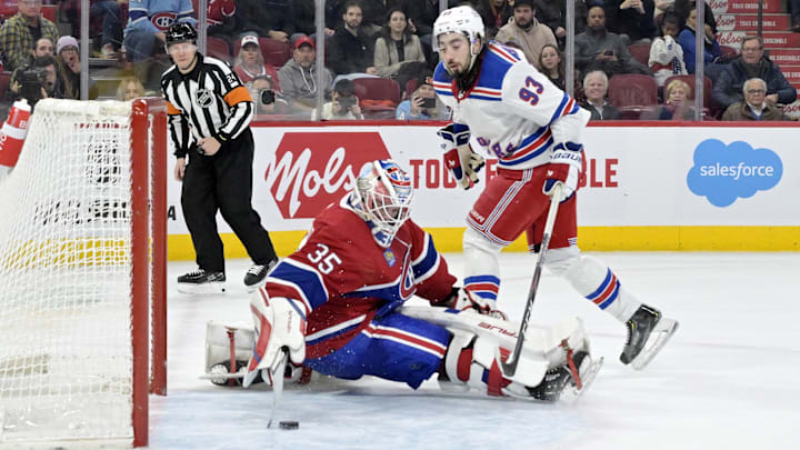 Jan 6, 2024; Montreal, Quebec, CAN; Montreal Canadiens goalie Sam Montembeault (35) stops New York
