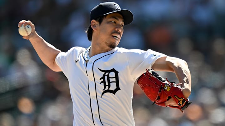 Apr 27, 2025; Detroit, Michigan, USA;  Detroit Tigers pitcher Kenta Maeda (18) throws a pitch against the Baltimore Orioles in the ninth inning at Comerica Park. Mandatory Credit: Lon Horwedel-Imagn Images