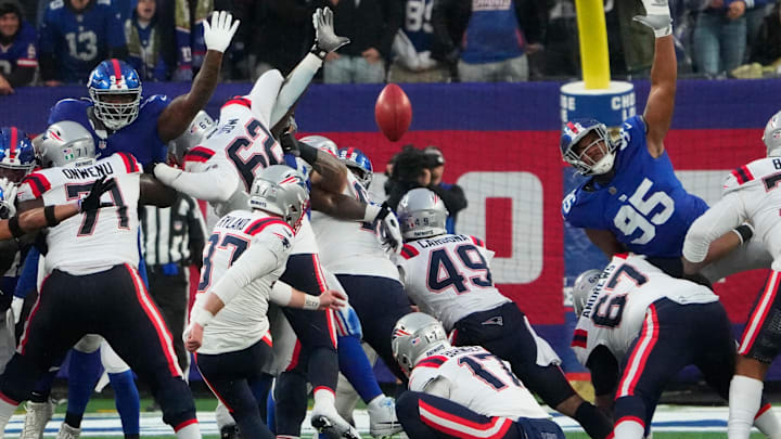 Nov 26, 2023; East Rutherford, New Jersey, USA; New England Patriots place kicker Chad Ryland (37)