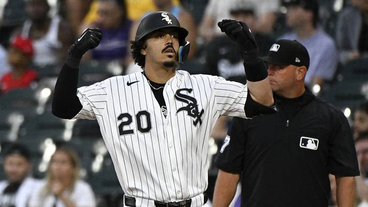 Aug 24, 2026; Chicago, Illinois, USA;  Chicago White Sox third baseman Miguel Vargas (20) celebrates after he hit a single against the Texas Rangers during the first inning at Rate Field.  Mandatory Credit: Matt Marton-Imagn Images
