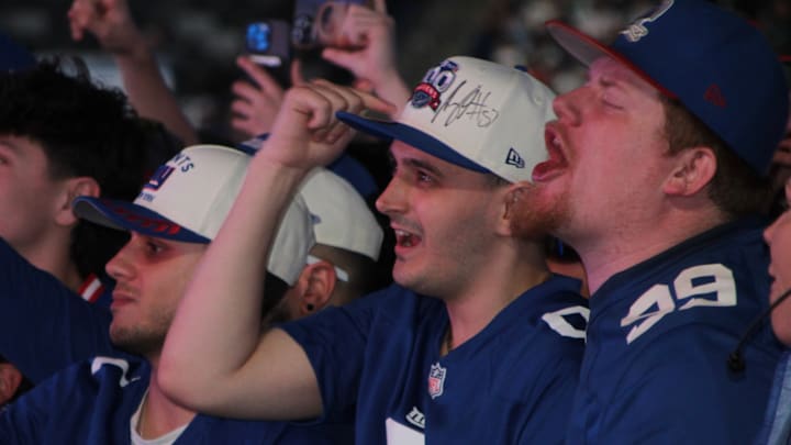 April 24, 2025; MetLife Stadium, USA;  New York Giants fans celebrate the team's first-round selection of the 2025 NFL Draft at the MetLife 2025 Draft Party.