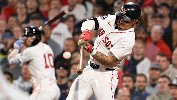 Sep 2, 2025; Boston, Massachusetts, USA;  Boston Red Sox left fielder Jarren Duran (16) hits a one run RBI double against the Cleveland Guardians during the eighth inning at Fenway Park. Mandatory Credit: Eric Canha-Imagn Images