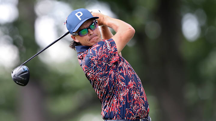 Rickie Fowler tees off during the second round of the 2025 Rocket Classic