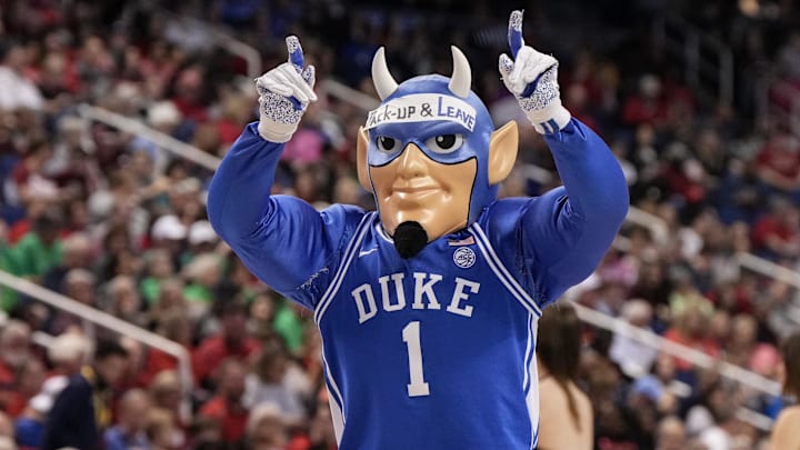 Mar 8, 2024; Greensboro, NC, USA; Duke Blue Devils mascot Blue Devil entertains the crowd in the
