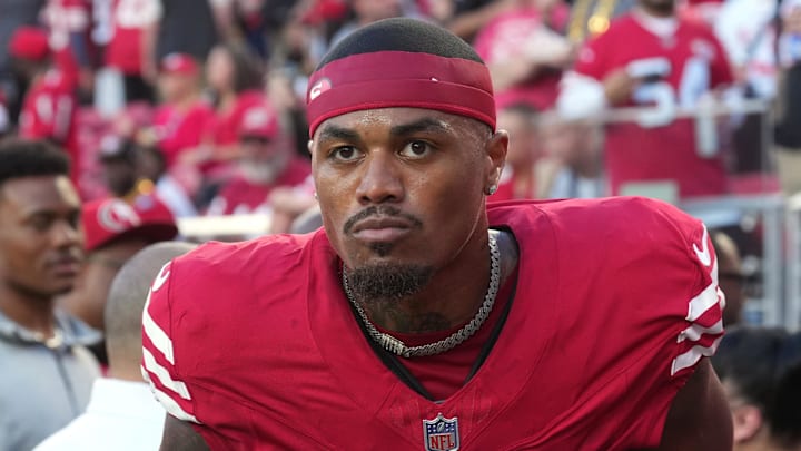 Oct 19, 2025; Santa Clara, California, USA; San Francisco 49ers wide receiver Kendrick Bourne (84) before the game against the Atlanta Falcons at Levi's Stadium. Mandatory Credit: Darren Yamashita-Imagn Images