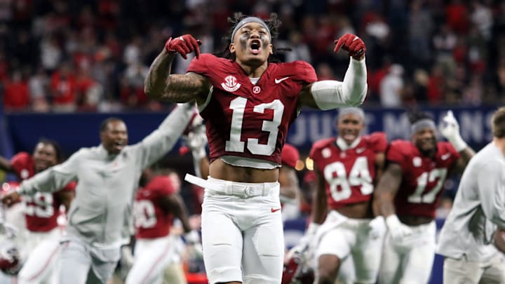 Dec 2, 2023; Atlanta, GA, USA;  Alabama Crimson Tide wide receiver Cole Adams (13) celebrates after defeating the Georgia Bulldogs in the SEC championship game at Mercedes-Benz Stadium. Mandatory Credit: Jordan Godfree-Imagn Images