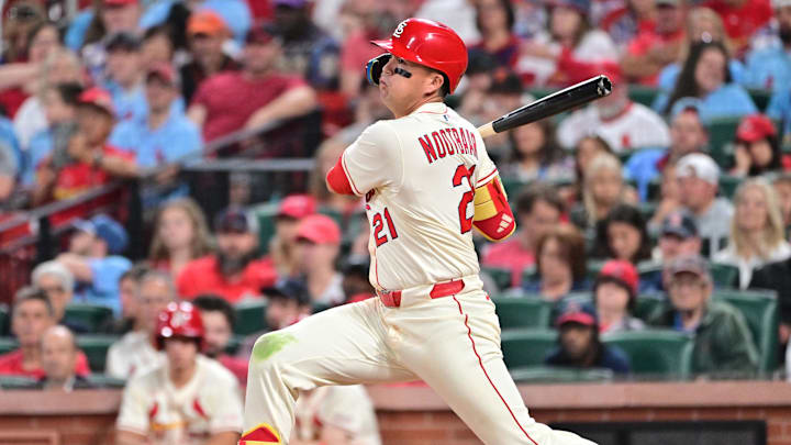 Sep 6, 2025; St. Louis, Missouri, USA; St. Louis Cardinals outfielder Lars Nootbaar (21) at bat against the San Francisco Giants at Busch Stadium. Mandatory Credit: Tim Vizer-Imagn Images