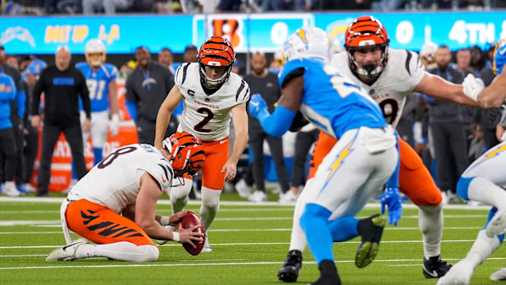 Cincinnati Bengals place kicker Evan McPherson (2) kicks a field goal in the first quarter of the NFL Week 11 game between the Los Angeles Chargers and the Cincinnati Bengals at SoFi Stadium in Inglewood, Calif., on Sunday, Nov. 17, 2024. The Chargers led 24-6 at halftime. Cincinnati Bengals place kicker Evan McPherson (2) kicks a field goal in the first quarter of the NFL Week 11 game between the Los Angeles Chargers and the Cincinnati Bengals at SoFi Stadium in Inglewood, Calif., on Sunday, Nov. 17, 2024. The Chargers led 24-6 at halftime.