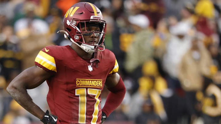 Nov 10, 2024; Landover, Maryland, USA; Washington Commanders wide receiver Terry McLaurin (17) looks on from the field during final minute of the game against the Pittsburgh Steelers at Northwest Stadium. Mandatory Credit: Amber Searls-Imagn Images
