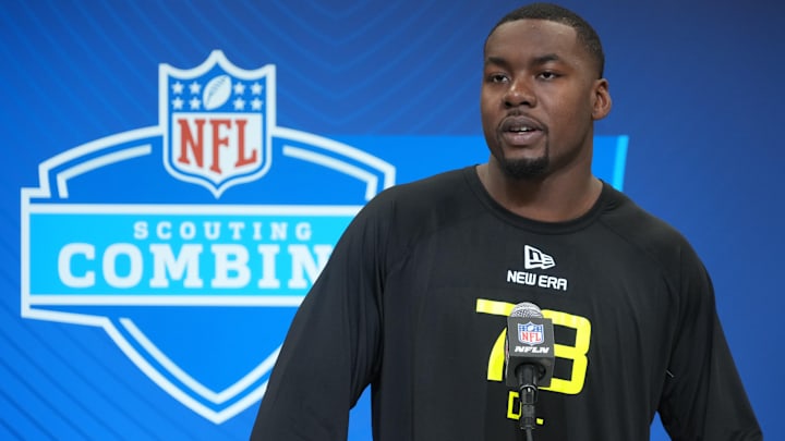 Feb 26, 2025; Indianapolis, IN, USA; Georgia defensive lineman Mykel Williams (DL73) during the 2025 NFL Scouting Combine at the Indiana Convention Center. 