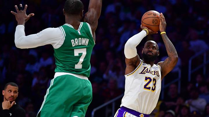 Feb 22, 2026; Los Angeles, California, USA; Los Angeles Lakers forward LeBron James (23) shoots against Boston Celtics guard Jaylen Brown (7) during the second half at Crypto.com Arena. Mandatory Credit: Gary A. Vasquez-Imagn Images Feb 22, 2026; Los Angeles, California, USA; Los Angeles Lakers forward LeBron James (23) shoots against Boston Celtics guard Jaylen Brown (7) during the second half at Crypto.com Arena. Mandatory Credit: Gary A. Vasquez-Imagn Images