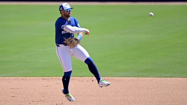 Mar 11, 2025; Dunedin, Florida, USA; Toronto Blue Jays shortstop Bo Bichette (11) throws to first base in the fourth inning against the Minnesota Twins during spring training at TD Ballpark.