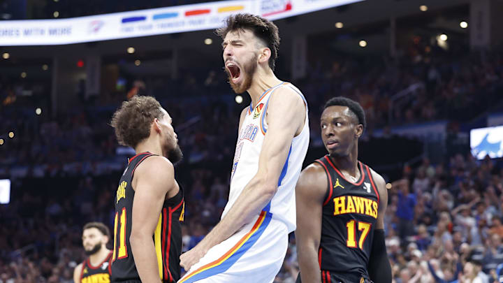 Oct 27, 2024; Oklahoma City, Oklahoma, USA; Oklahoma City Thunder forward Chet Holmgren (7) celebrates after dunking against the Atlanta Hawks during the second half at Paycom Center. Mandatory Credit: Alonzo Adams-Imagn Images Oct 27, 2024; Oklahoma City, Oklahoma, USA; Oklahoma City Thunder forward Chet Holmgren (7) celebrates after dunking against the Atlanta Hawks during the second half at Paycom Center. Mandatory Credit: Alonzo Adams-Imagn Images