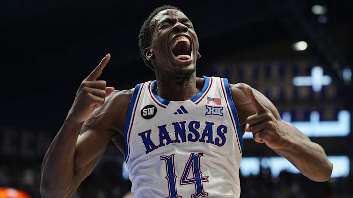 Feb 7, 2026; Lawrence, Kansas, USA; Kansas Jayhawks guard Melvin Council Jr. (14) celebrates during the second half against the Kansas Jayhawks at Allen Fieldhouse. 