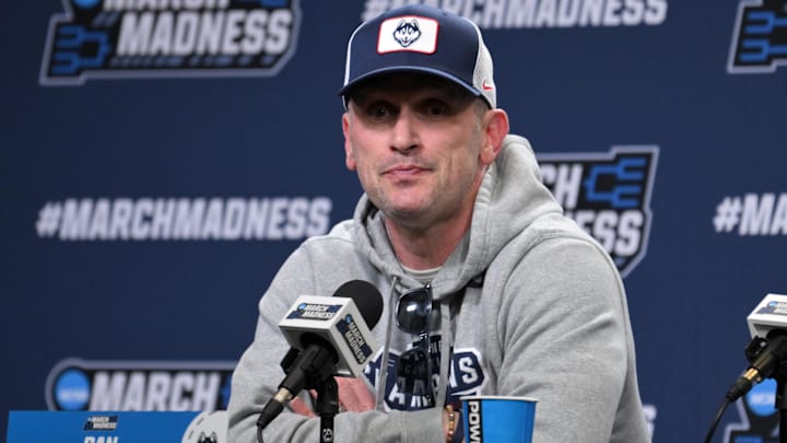 Mar 20, 2025; Raleigh, NC, USA;  UConn basketball head coach Dan Hurley during the NCAA pre tournament press conference at Lenovo Center. Mandatory Credit: Zachary Taft-Imagn Images