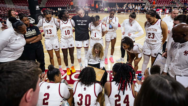 Boston College players meet during a timeout during ACC Tournament play. 