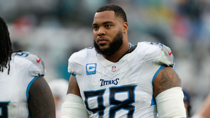 Dec 29, 2024; Jacksonville, Florida, USA; Tennessee Titans defensive tackle Jeffery Simmons (98) heads to the locker room for half time against the Jacksonville Jaguars at EverBank Stadium.