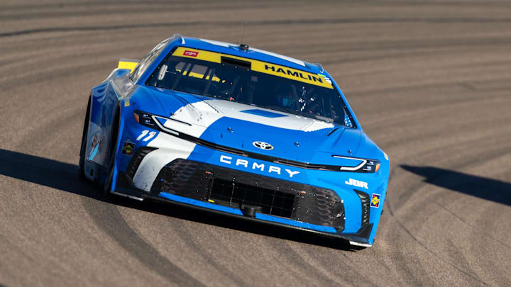 Nov 2, 2025; Avondale, Arizona, USA; NASCAR Cup Series driver Denny Hamlin (11) during the NASCAR Championship race at Phoenix Raceway. Mandatory Credit: Mark J. Rebilas-Imagn Images