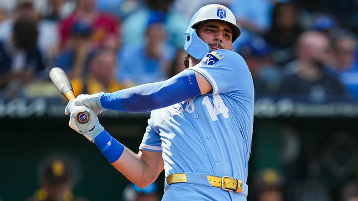 Jul 18, 2026; Kansas City, Missouri, USA; Kansas City Royals right fielder Jac Caglianone (14) bats during the fifth inning against the San Diego Padres at Kauffman Stadium. Mandatory Credit: Jay Biggerstaff-Imagn Images Jul 18, 2026; Kansas City, Missouri, USA; Kansas City Royals right fielder Jac Caglianone (14) bats during the fifth inning against the San Diego Padres at Kauffman Stadium. Mandatory Credit: Jay Biggerstaff-Imagn Images