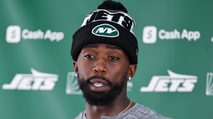 Jul 25, 2025; Florham Park, NJ, USA; New York Jets quarterback Tyrod Taylor (2) speaks to the media during training camp at Atlantic Health Jets Training Center. Mandatory Credit: John Jones-Imagn Images