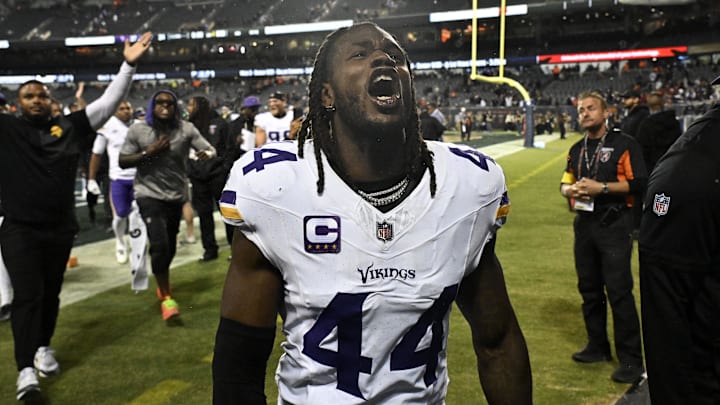 Minnesota Vikings safety Joshua Metellus (44) reacts after the game against the Chicago Bears at Soldier Field