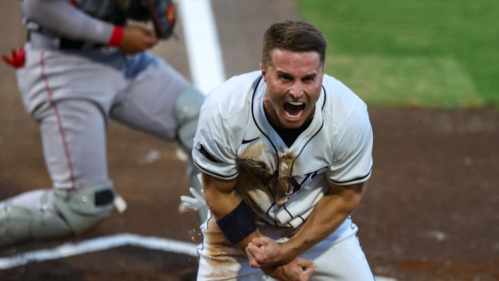 Tampa Bay Rays right fielder Jake Mangum (28) celebrates after scoring a run against the Boston Red Sox last week. Tampa Bay Rays right fielder Jake Mangum (28) celebrates after scoring a run against the Boston Red Sox last week.