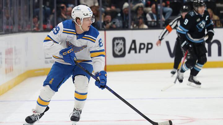 Apr 16, 2026; Salt Lake City, Utah, USA; St. Louis Blues right wing Jonatan Berggren (29) plays the puck against the Utah Mammoth during the second period at Delta Center. Mandatory Credit: Rob Gray-Imagn Images Apr 16, 2026; Salt Lake City, Utah, USA; St. Louis Blues right wing Jonatan Berggren (29) plays the puck against the Utah Mammoth during the second period at Delta Center. Mandatory Credit: Rob Gray-Imagn Images